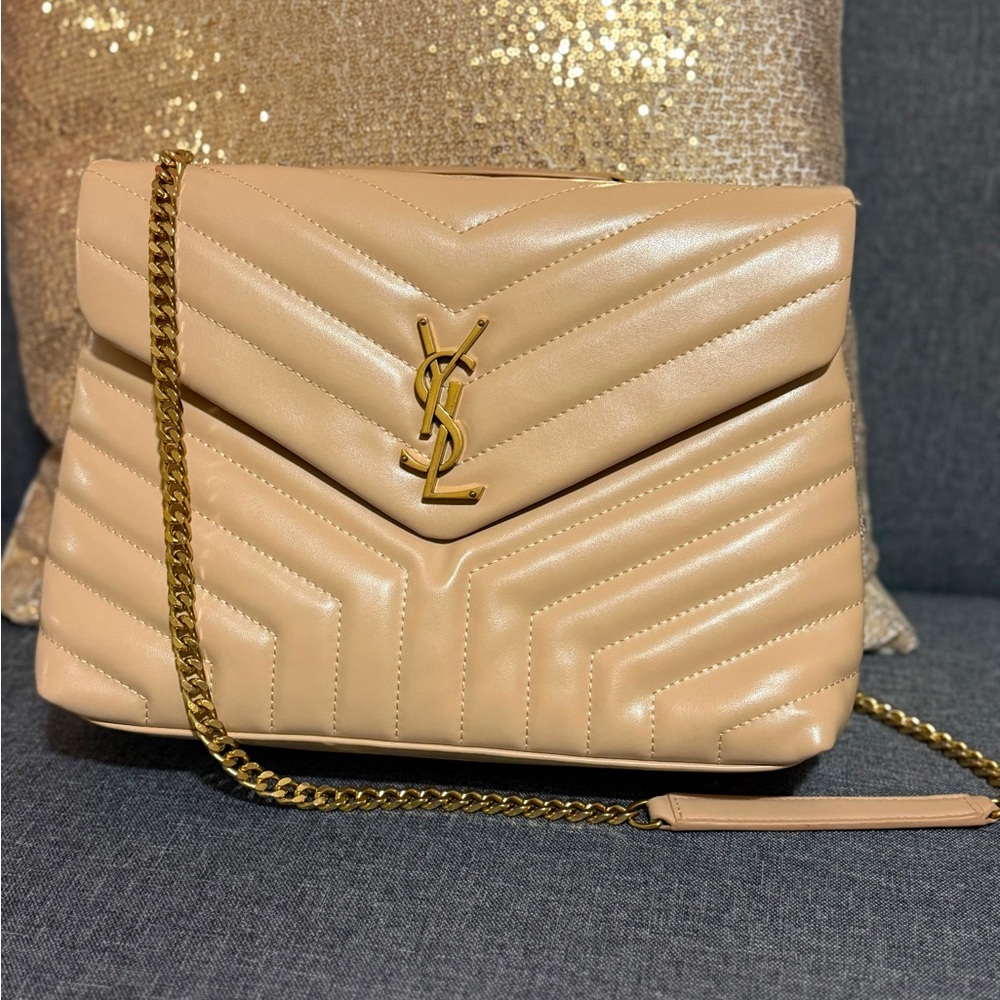 Saint Laurent Quilted Chevron Leather Shoulder Bag in Nude